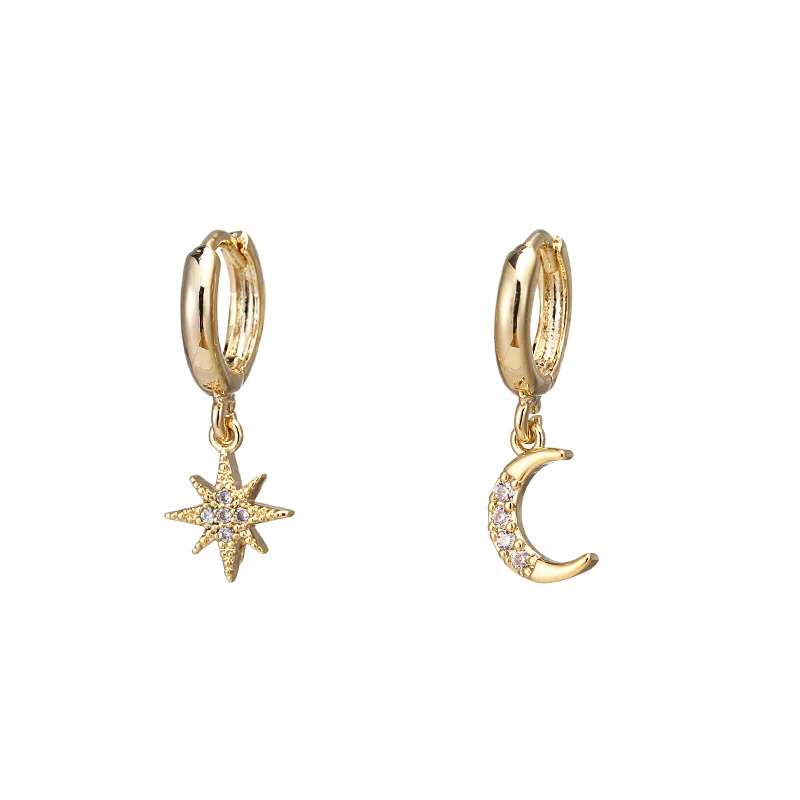 YMYW Fashion Korean Star Moon Asymmetric Dangle Earrings Charm Copper 16 k Plated Gold Earrings for Women Bijoux En Argent 925