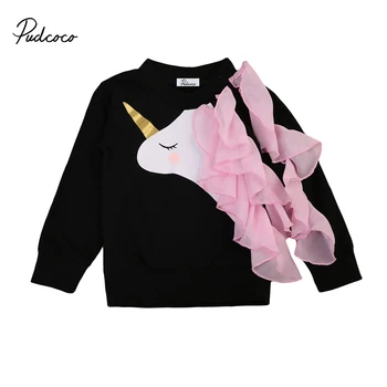 

Cute New Newborn Baby Girls 2017 Long Sleeve 3D Unicorn Pink Lace Ruffle Long Sleeve Black Tops T shirt Clothes
