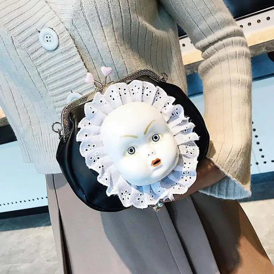 

Vintage Ceramic Doll Lace Women Shoulder Bags Designer Clip Chains Crossbody Bags Luxury Pu Messenger Bag Ladies Small Purses