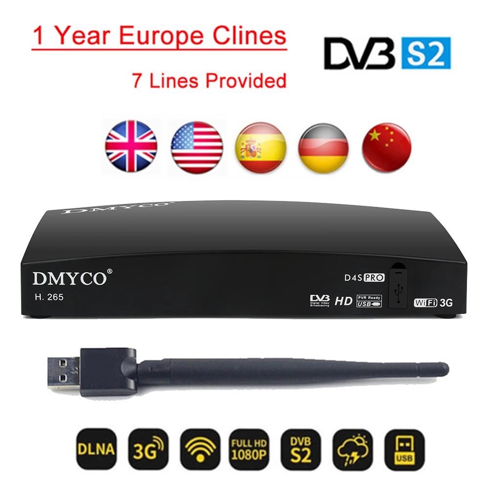 

Hot Europe Clines with 1 year Free ES DE PT IT DMYCO D4S Pro DVB-S2 Satellite Receiver H.265 MPEG-5 TV Receptor+USB WIFI Antenna