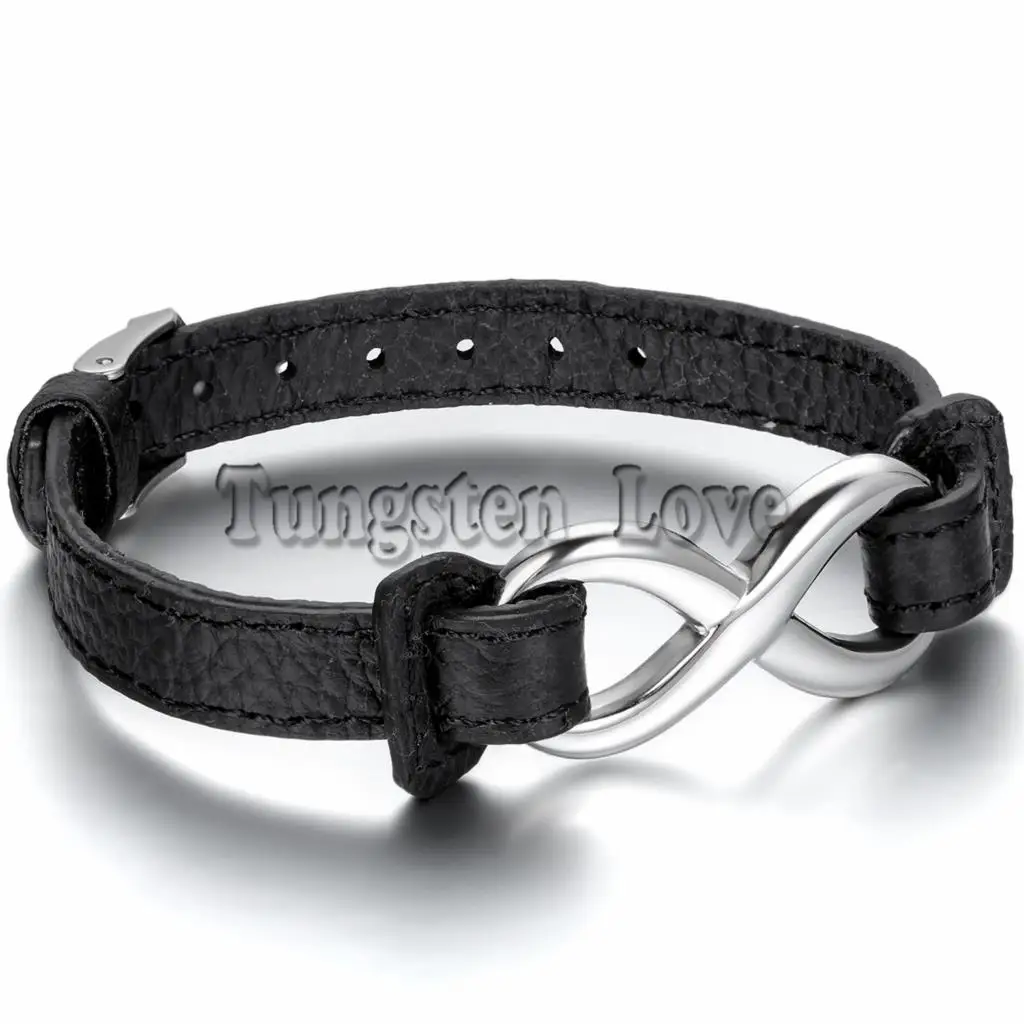 

BONISKISS New Fashion Black Leather Bracelet Stainless Steel Charm Infinity Bracelet For Men Women Buckle 23cm Length Adjustable