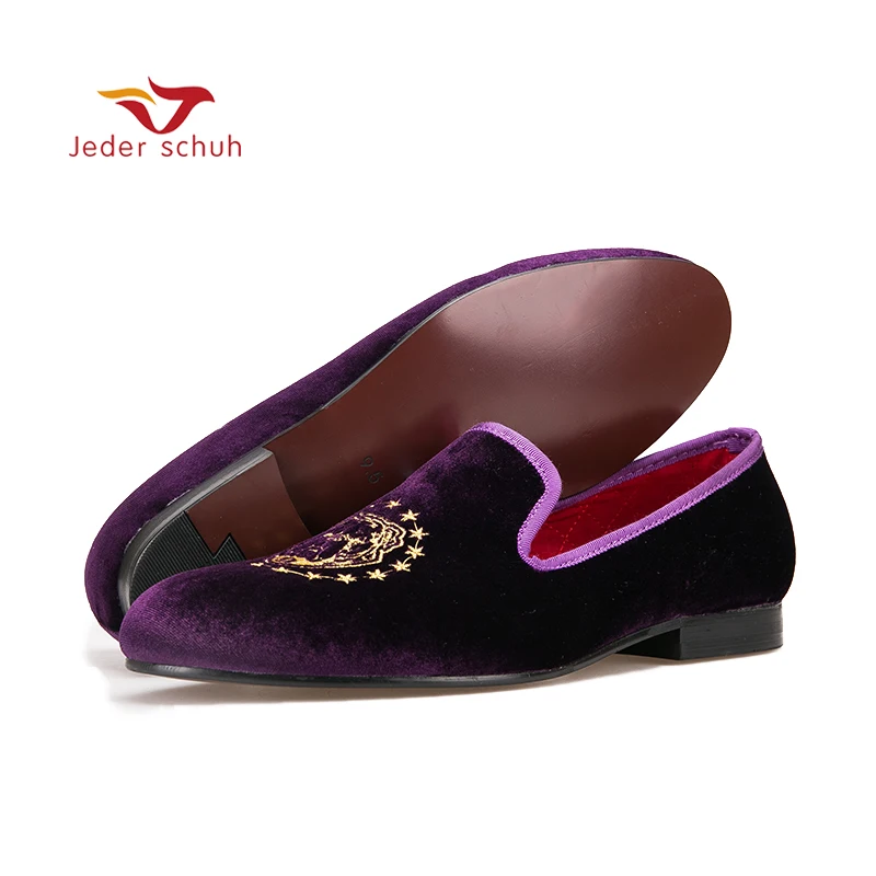 

new loafers Purple color velvet men handmade loafers with delicate embroidery Fashion party and banquet men's flats