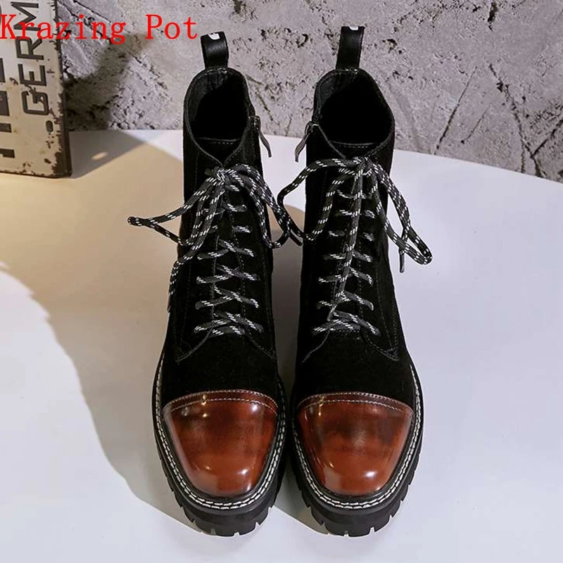 Krazing Pot 2018 genuine leather med heels round toe punk motorcycle boots women superstar party gradient color ankle boots L91