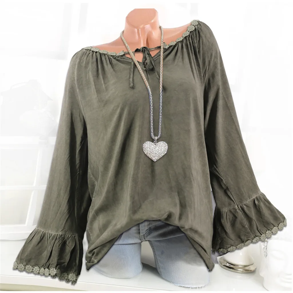 Plus Size Fashion Lace Patchwork Blouse Ladies Casual V-Neck Bandage Tee Tops Female Women's Long Sleeve Shirt Blusas Pullover | Женская