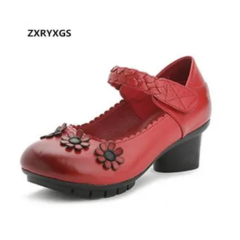 

Elegant Comfortable New Genuine Leather Shoes Woman High Heels 2019 Spring Flowers Women Fashion Shoes Retro High Heel Shoes 5cm
