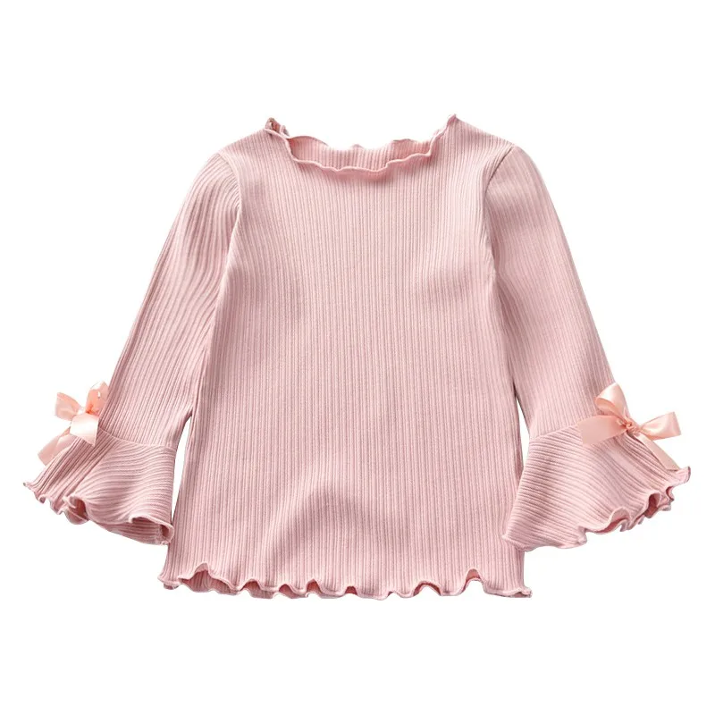 

New Spring Autumn Baby Girl Long-Sleeved T-shirt Cotton Candy Color Solid Color T-shirt Fashion Sweet Bow Kid Clothe