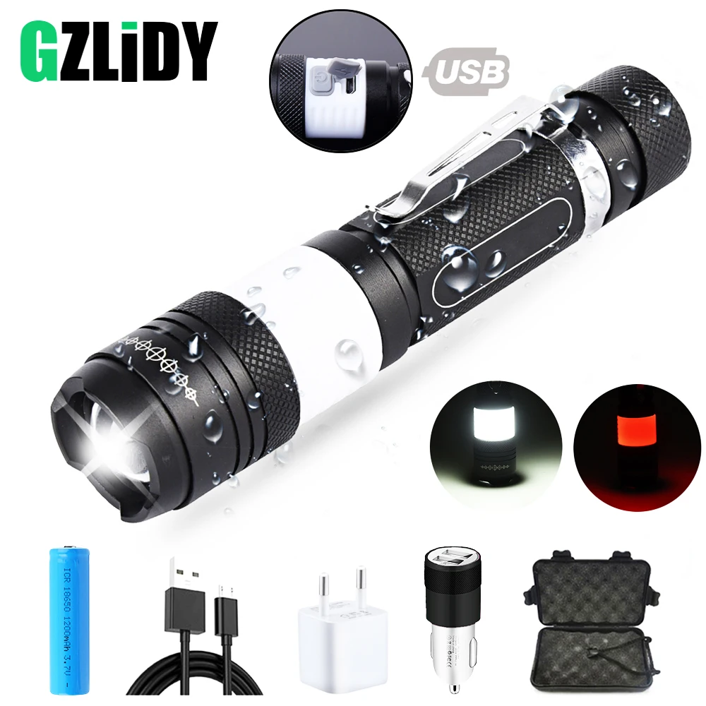 

USB Rechargeable LED Flashlight Super Bright Waterproof Sidelight 6 Modes Multifunction Torch Support Zoom Use 18650 Battery