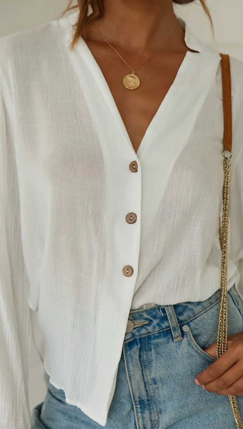 

2019 Fashion Women V Neck Casual Blouses White Button Summer Shirt Solid Office Ladies Long Sleeve Loose Tops