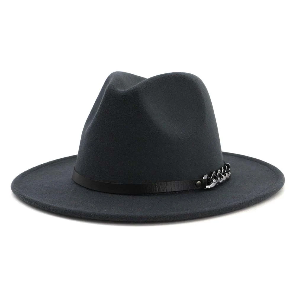 Зимние войлочные Джаз Fedoras Для женщин Имитация шерстяной топ полями Европейский кепки с плоским козырьком котелок Шапки металлической цепочкой из искусственной кожи ремень