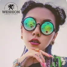 Sunglasses Women Men Glasses Round Mirror Rimless Yellow Kaleidoscope Catwalk Show Dazzle Artificial Diamond Lens SteamPunk 2017
