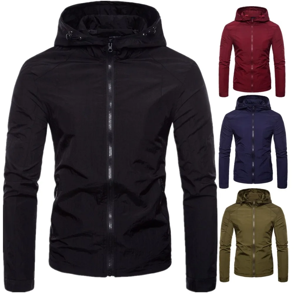 

2019 Spring and Autumn Men's Solid Color Regular Sleeve Straight Hem Stand Collar British Fit Hooded Jacket