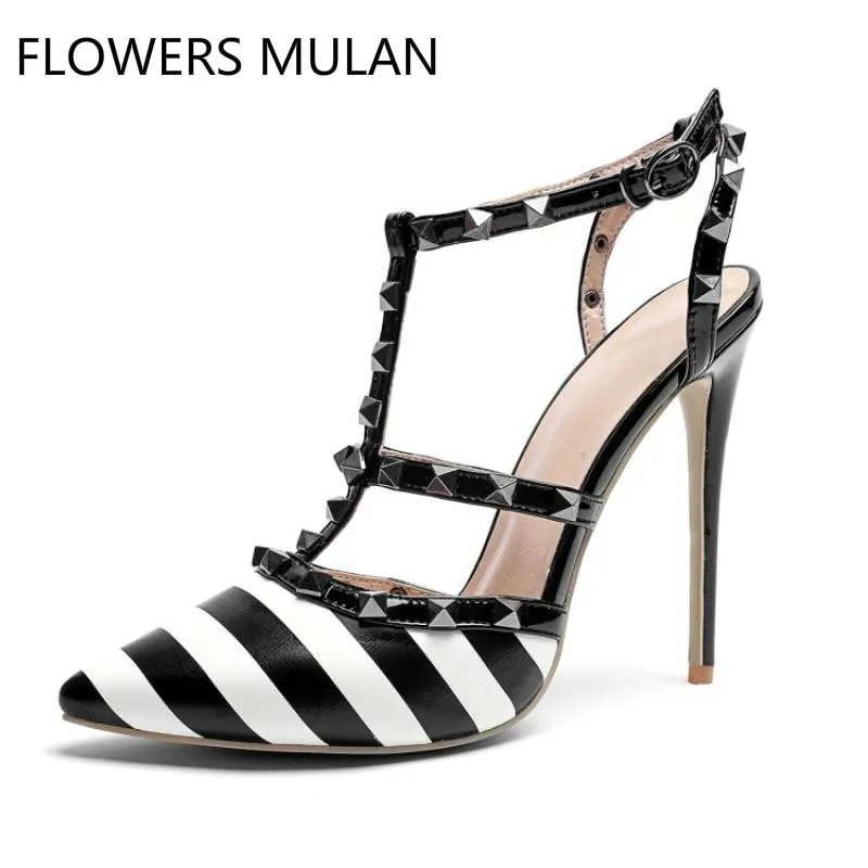 

Super High Heels Gladiators Women Pointed Toe Ankle Strap Shoes Woman White Black Gingham Leather Sandals Rivets T Strap Zapatos