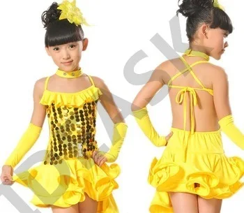 Free Shipping kids girls Cheap Latin Dance Dress Stage Performance Competition Unequal Cocktail Latin Dance Costume