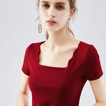 

Solid color cotton t-shirt female summer 2019 explosion models women's new wave side short sleeve dew bone collar collar shirt