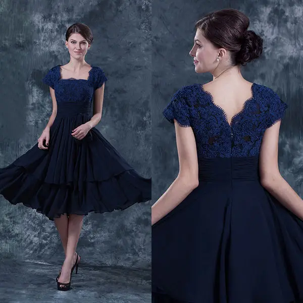 2017 Navy Blue Lace Mother Of Bride Evening Dresses Tea Length 2017 Navy Blue Lace Mother Of Bride Evening Dresses Tea Length Chiffon Formal Dress Cap Sleeve Plus Size In From