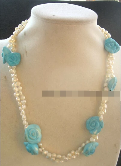 

FREE SHIPPING>>>@@ > N3266 2rows turquoise flower and freshwater pearl necklace 19" nature