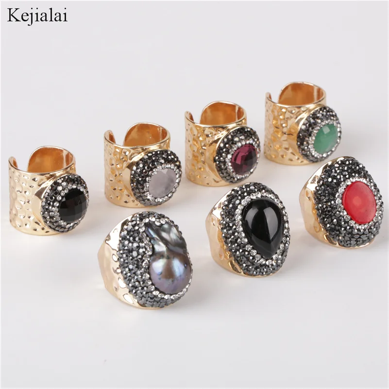 

2/3 cm width multi color big pearl coral stone bead charm wrap adjustable resizable gold open hammered ring cuff for woman man