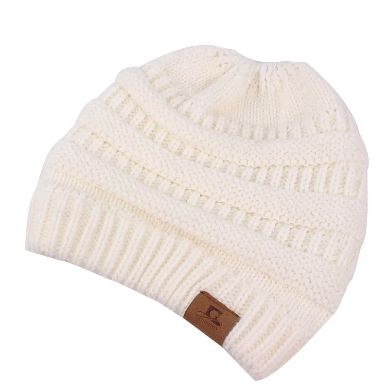 Осенне-зимняя Элегантная Модная однотонная шерстяная шапка, тканая теплая шапка с отверстием для хвоста, Лыжная шапка