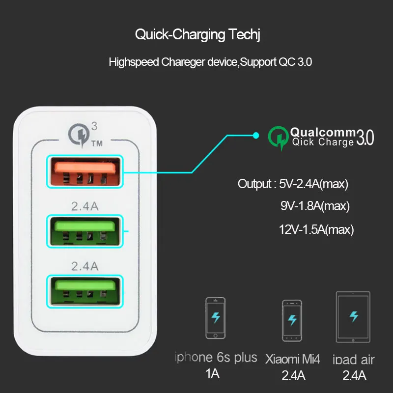 طهران 3 الموانئ شاحن سريع qc 3.0 18 واط شاحن الهاتف المحمول الاتحاد الأوروبي التوصيل الجدار شاحن usb ل فون سامسونج xiaomi شاحن سريع