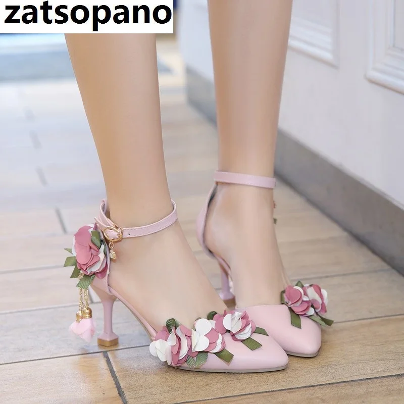 

Zatsopan Fashion Flower Party Sandal Pumps Sweet High Thin Heels Pointed Toe Lolita Shoes Handmade Comfortable Woman Dress Shoes