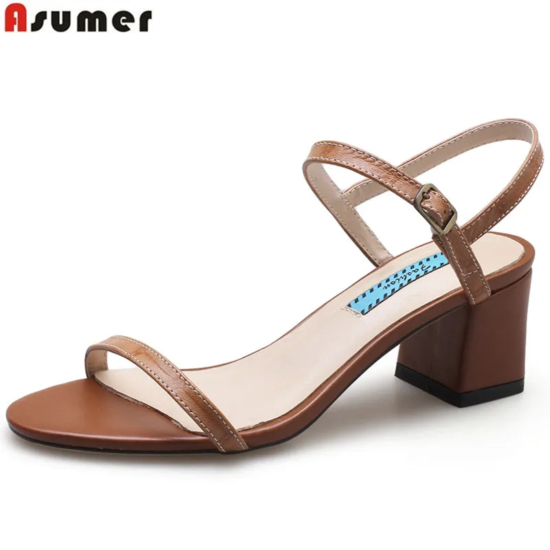 ASUMER black summer new 2018 shoes woman square heel buckle elegant sandals women high heels genuine leather shoes big size