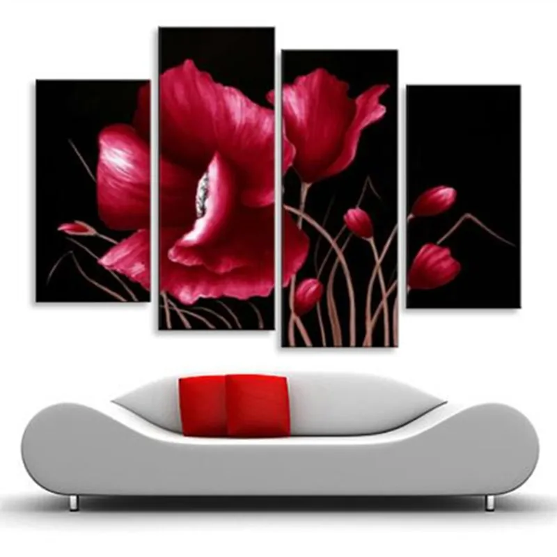 

Handpainted Abstract Flowers Oil Painting Large 4 Panel Pictures Modern Home Decor Wall Art Big Red Floral Paintings on Canvas