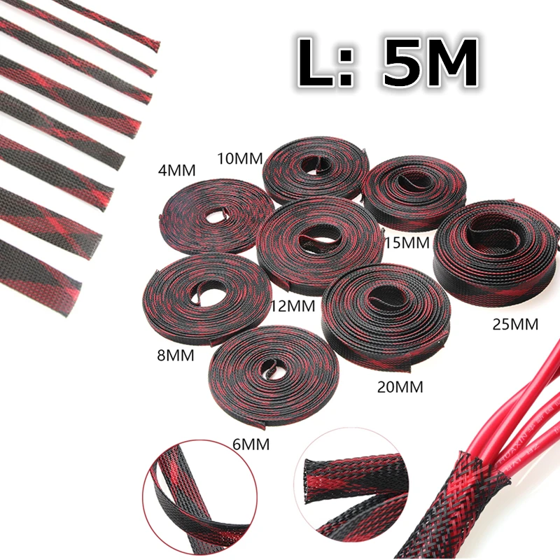 5M Black&Red Insulation Braided Sleeving Tight PET Expandable Cable Sleeve 2/4/6/8/10/12/15/20/25mm Wire Gland Cable Protection 5M Black&Red Insulation Braided Sleeving Tight PET Expandable Cable Sleeve 2/4/6/8/10/12/15/20/25mm Wire Gland Cable Protection
