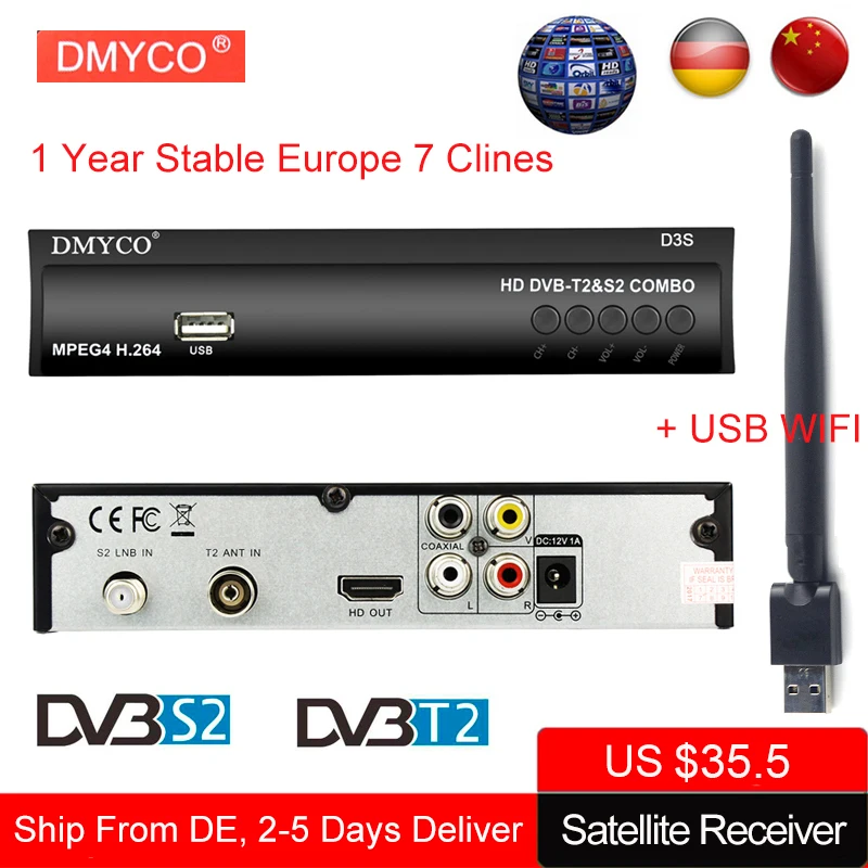 

DMYCO DVB-S2 Digital Satellite Receiver lnb TV Tuner Receptor Support 1 Year 7 Cable Channels DVB-T2 MPEG4 Decoder with USB Wifi