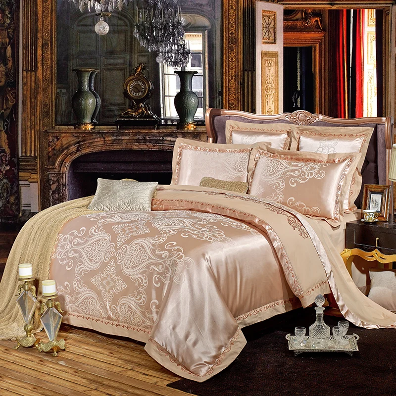 

2018 European Paisley Dark Golden Bed Cover Silk Cotton Blend Duvet Cover Set Jacquard Queen King Bedlinens Sheet Pillowcases