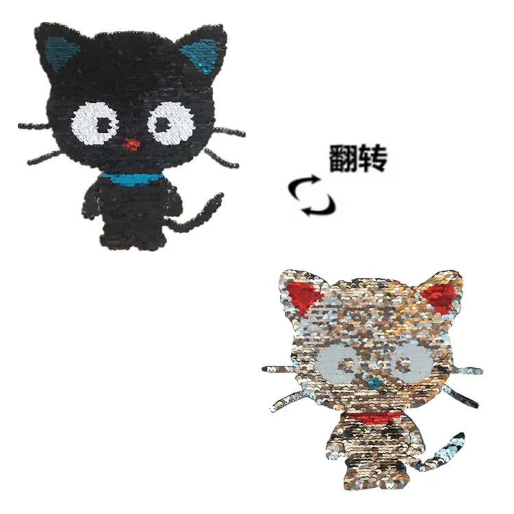 

1Pc New AB Change Color Reversible Sequins Cartoon Black Gold Cat Animal Embroidered Patches for Clothing Appliques Stripes DIY
