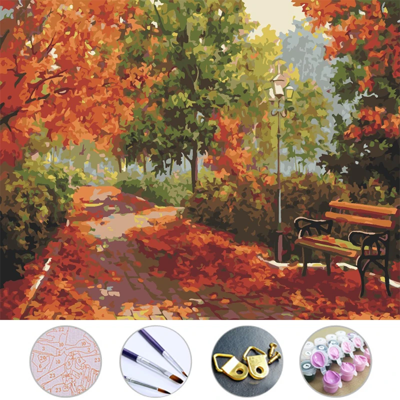 Diy Oil Painting Park path Frameless picture on wall acrylic painting