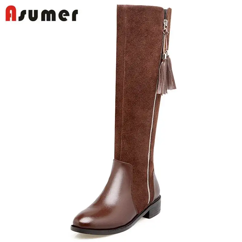 ASUMER 2018 NEW fashion cow suede leather+genuine leather boots zip knne high boots women round toe square med heel winter boots ASUMER 2018 NEW fashion cow suede leather+genuine leather boots zip knne high boots women round toe square med heel winter boots