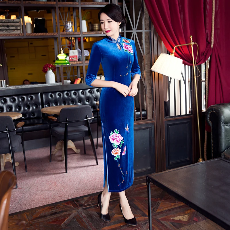 Новое поступление Для женщин Длинные Cheongsam моды китайский Стиль велюр элегантное платье Qipao Vestido Размеры размеры s m l xl XXL, XXXL 23602C