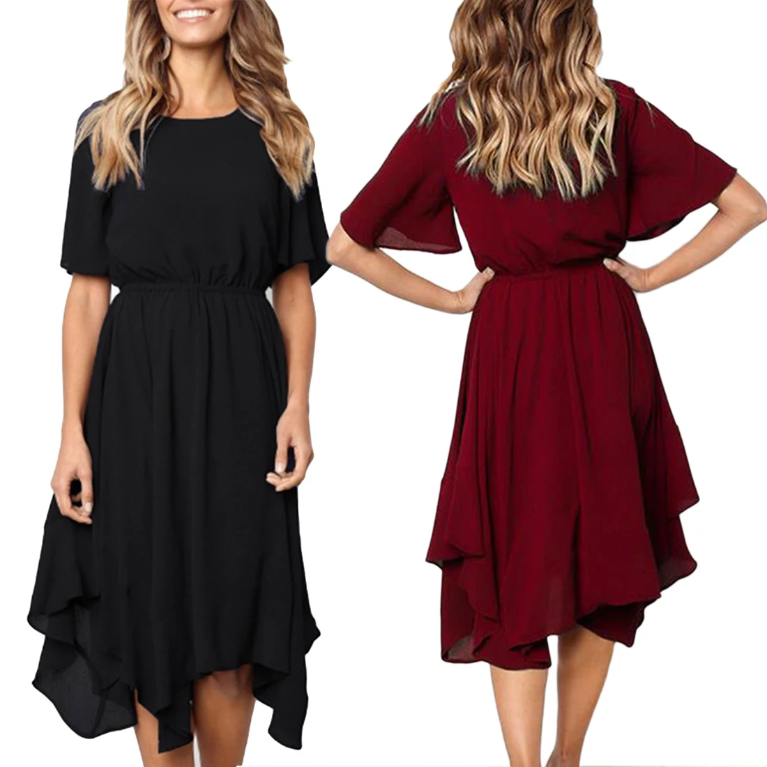 

Summer Elegant Red Dress Women Vintage Half Sleeve High Elastic Waist Tiered Ruffles Irregular Midi Dress