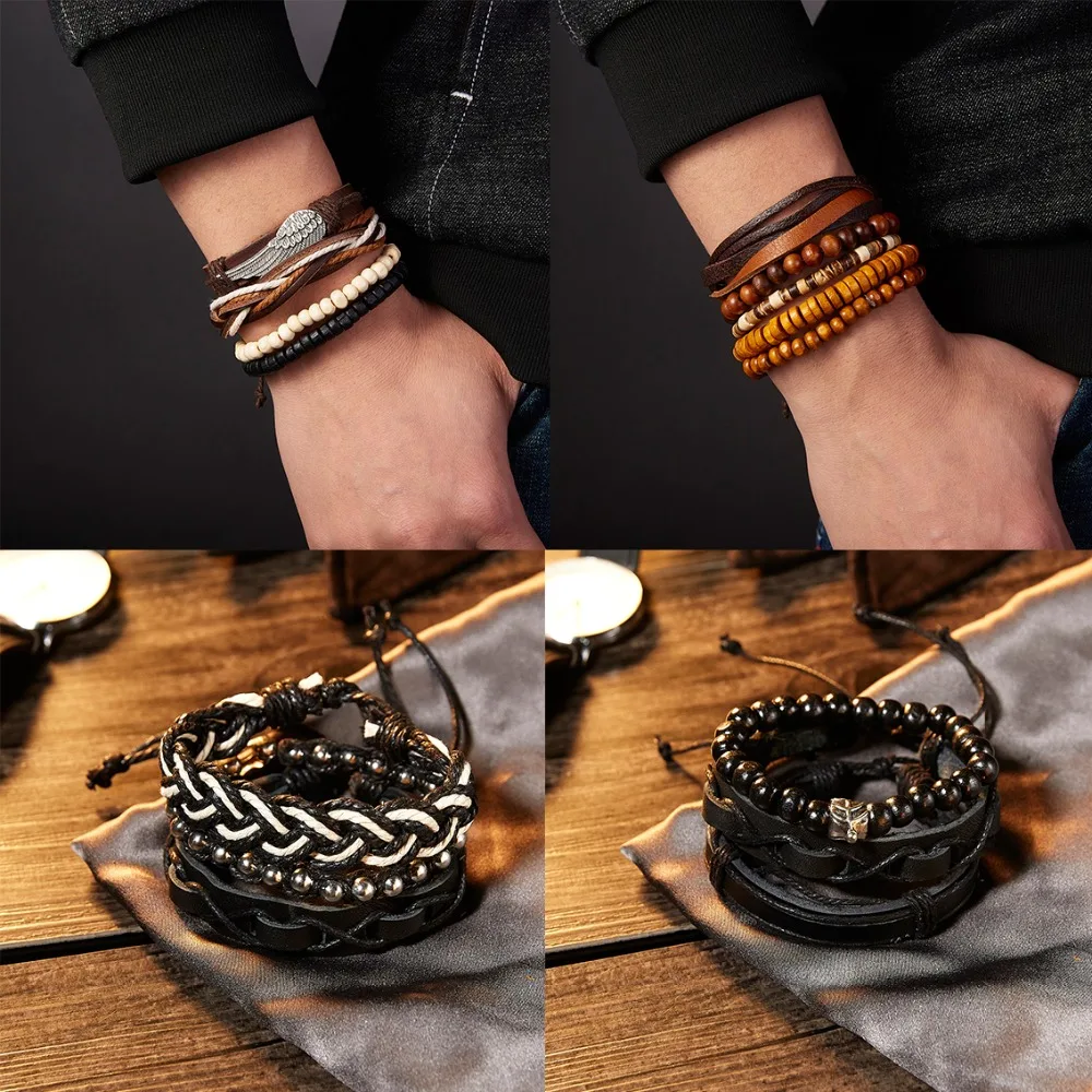 

Hot Sale 4Pcs/set Wings Wooden Beads Woven Leather Adjustable Bracelets Men Handmade Rope Beach Bracelet Fashion Jewelry Gifts