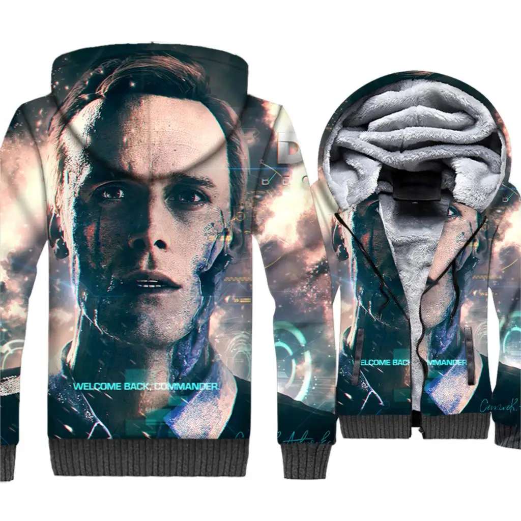 

Detroit Become Human Jacket 3D Print Hoodie Men Hooded Zip up Sweatshirt Winter Thick Fleece Warm Coat Robot Movie Streetwear