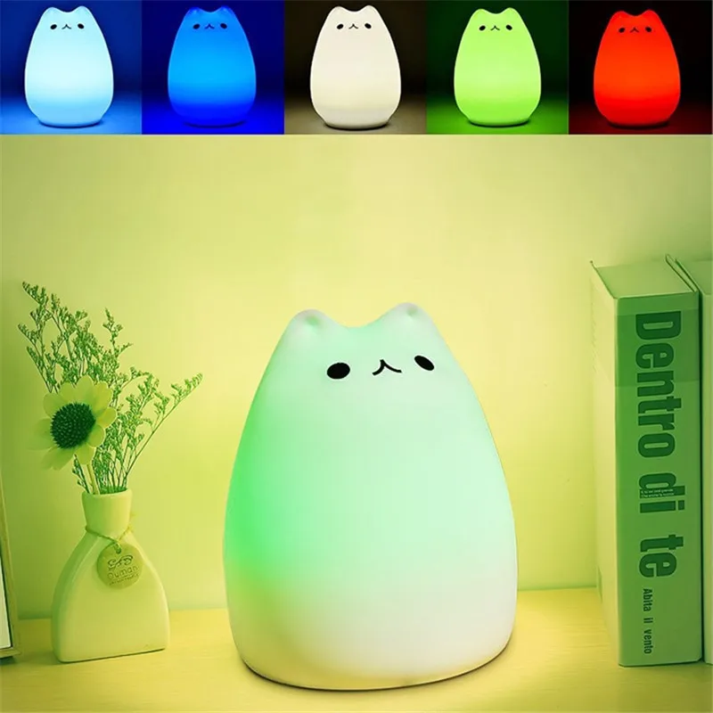 DOXA 7 цветов кошка светодиодный USB дети животное ночник силиконовый мягкий мультфильм детская лампа дыхательный светодиодный ночник