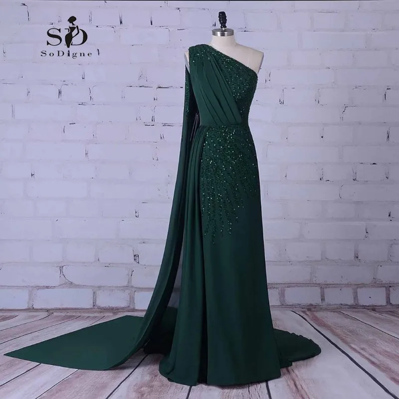 

Long Prom Dresses Chiffon Turquoise Evening Dresses Beads and Sequined Floor-length One-shoulder Fast Shipping Evening Party