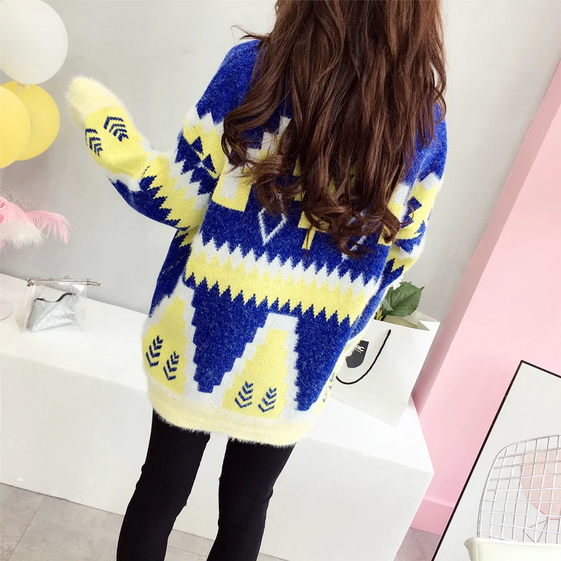 P Ammy 2018 Autumn Winter Mid-length loose Print Sweater Fashion Large size long section V-Neck Mohair Pullovers | Женская одежда