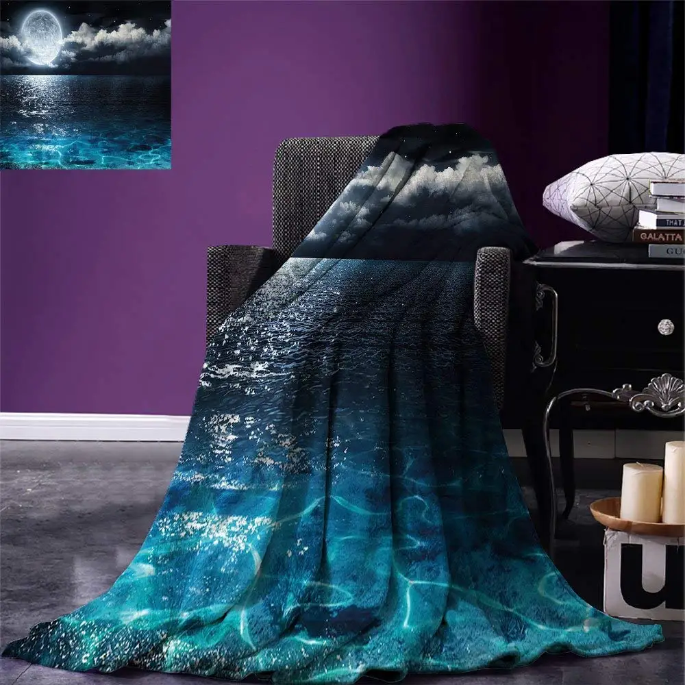 NightSkyThrowBlanketFullMoonandFoggyCloudswithTurquoiseGlass