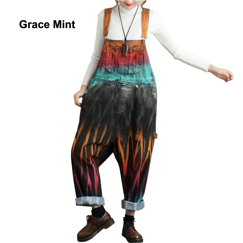 Colorful Painted Denim Jumpsuits 2018 Summer Autumn Hip pop Suspender