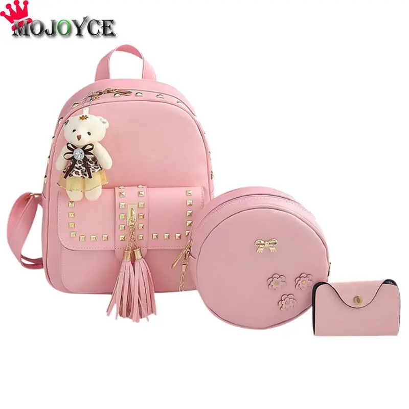 3 комплекта, черный рюкзак с заклепками и кисточками, школьные сумки для девочек-подростков, Sac a dos Femme Mochilas Mujer, рюкзак из искусственной кожи, Сумка с верхней ручкой - Цвет: Розовый