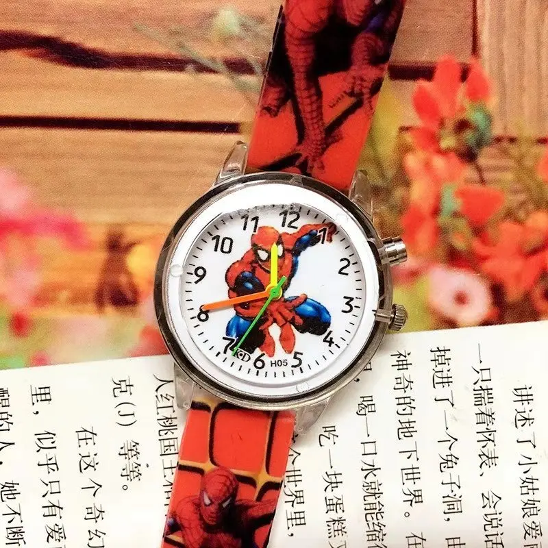 Модные детские часы для мальчиков с кожаным ремешком, часы с человеком-пауком, повседневные кварцевые часы с милым мультипликационным принтом - Цвет: Красный