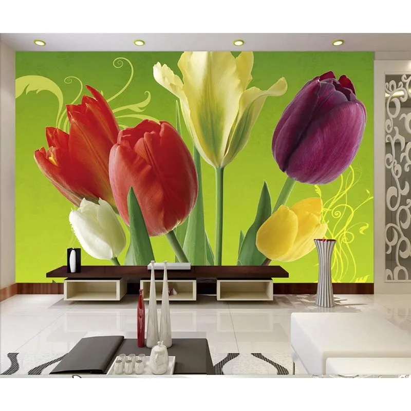 

3D Wallpaper Custom Photo Wallpaper Large Wall Painting Wallpaper Green Background Tulip Flowers 3D Wall Mural Wallpaper