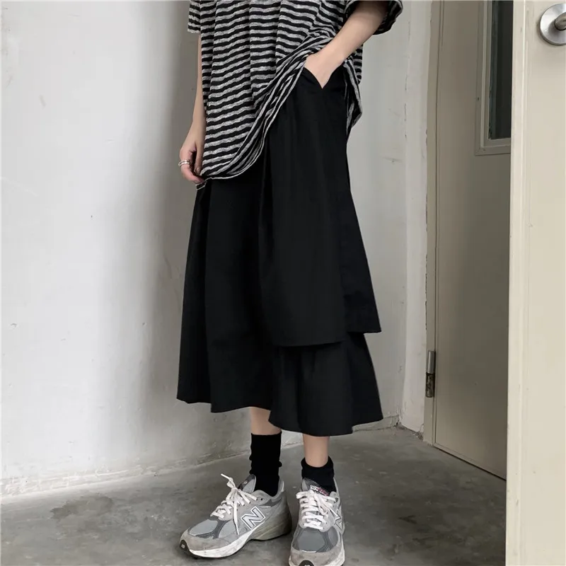 Винтажные хлопковые юбки с высокой талией, свободные, длинные, необычные, с оборками, Harajuku, уличная одежда, на пуговицах, белая, черная, длинная юбка