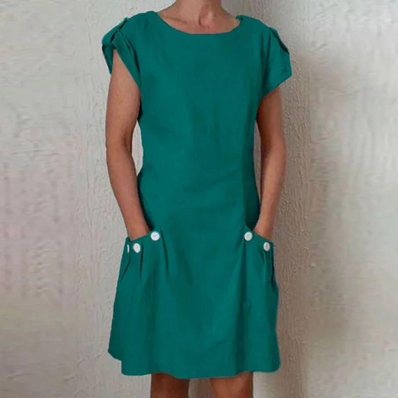 ELSVIOS, 17 цветов, с принтом, о-образный вырез, льняное летнее платье для женщин, Ретро стиль, короткий рукав, карман, до колена, платье, повседневное, свободное, размера плюс, женское платье - Цвет: 01 Solid Green