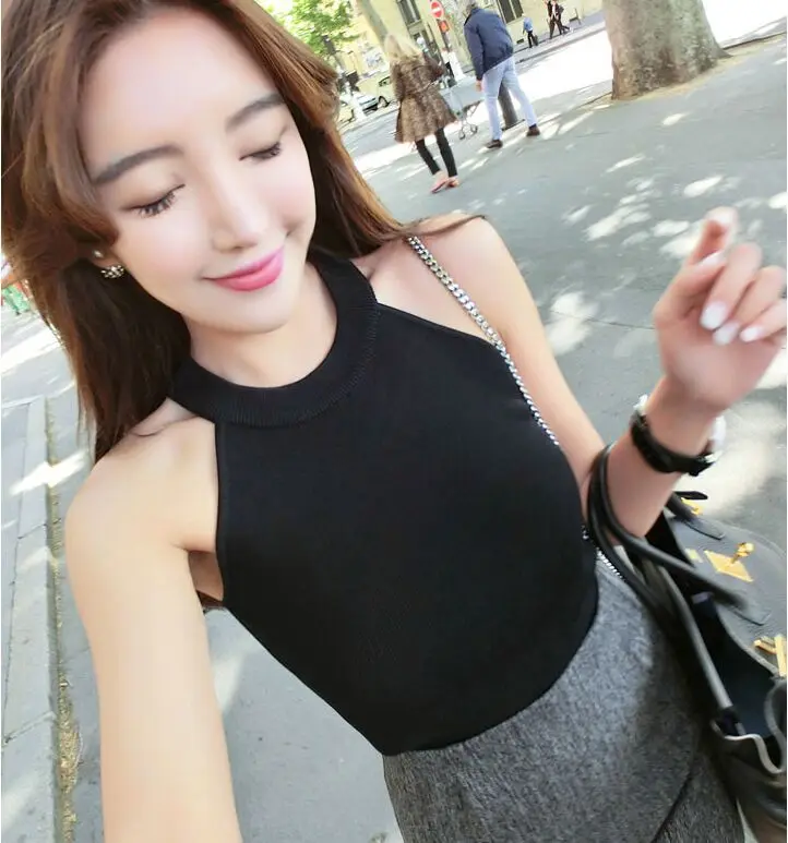 Summer Women Slim Knitting Halter Camisole Tops Female Bodycon Knitted Tanks Sleeveless Basic Solid T shirts 8017 black camisole