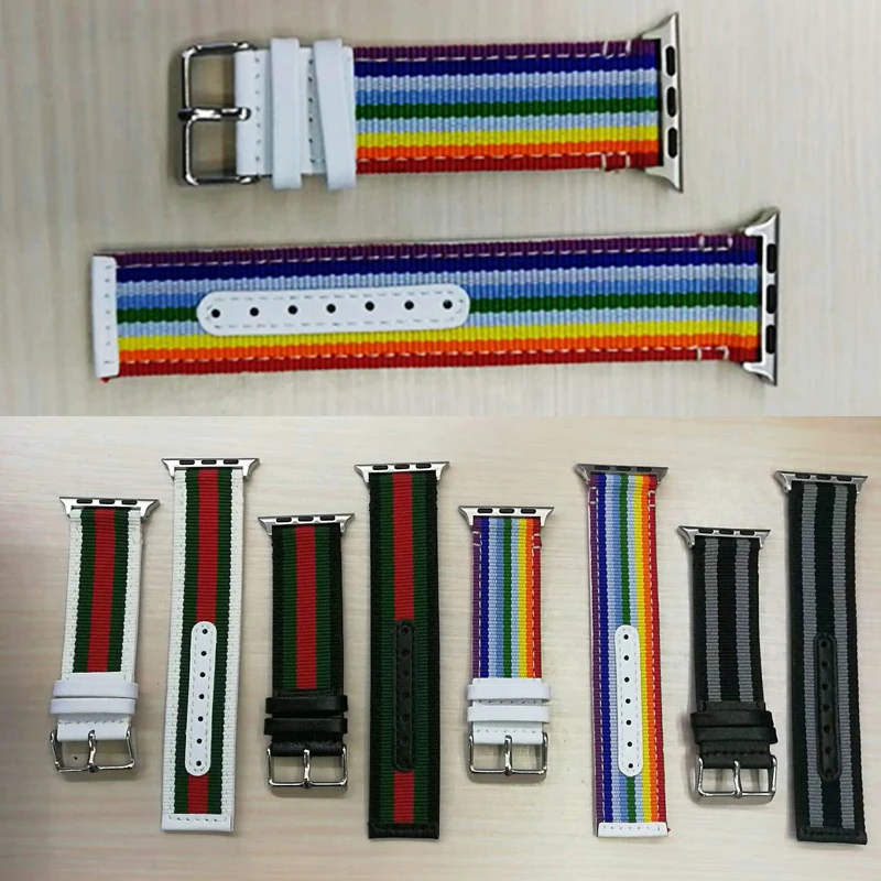 

Striped Nylon+Leather Watch Band Strap for Apple Watch Band rainbow Strap for iWatch Seies 1/2/3 42mm 38mm Smart Watch Band