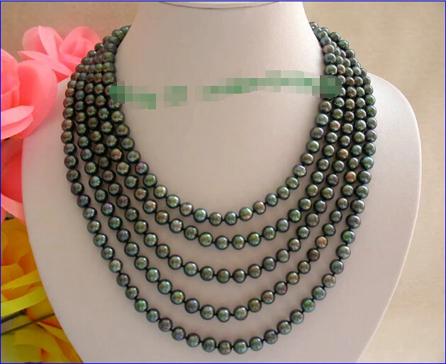 

Free shipping >>>>>>stunning long 100" 8mm round peacock black freshwater cultured pearls necklace