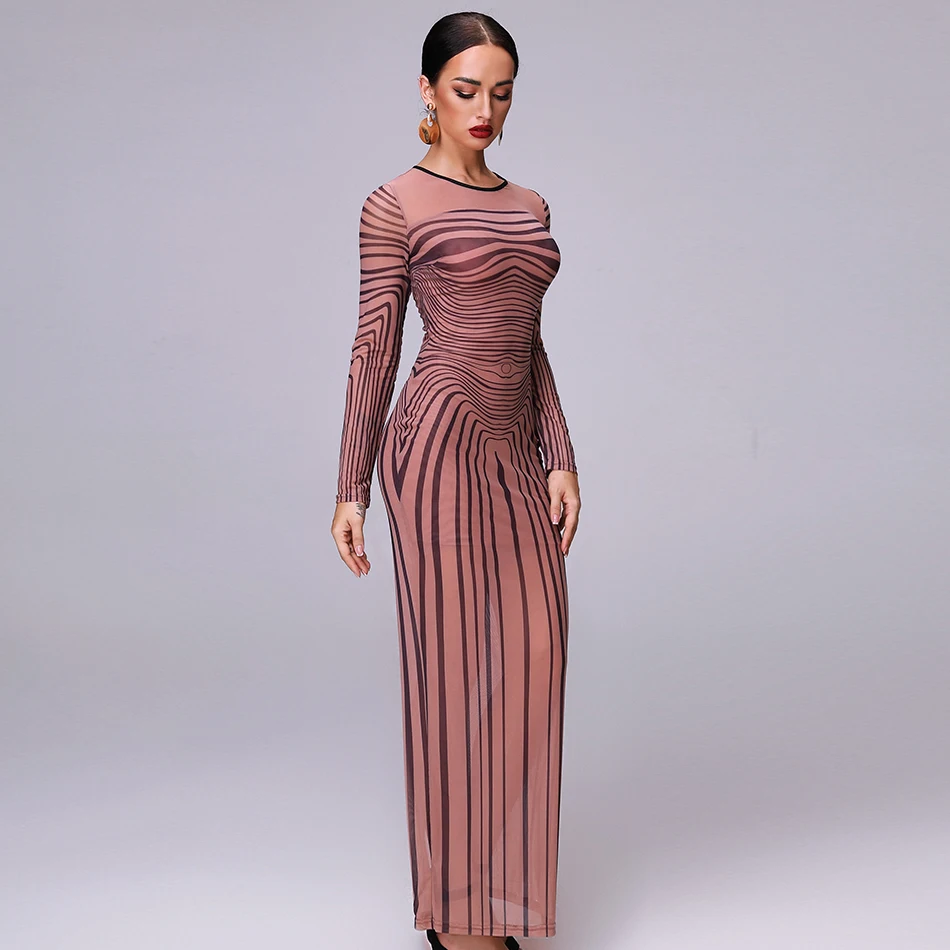 Новое летнее женское сексуальное платье в полоску с принтом перспективное Сетчатое платье с длинными рукавами и круглым вырезом сзади открытое облегающее платье Vestidos